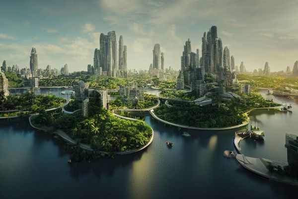 Futuristische Stadt mit Hochhäusern und Palmen